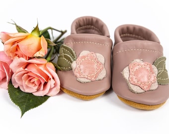 Flower on Dusty Rose Leather Shoes Moccs Baby and Toddler