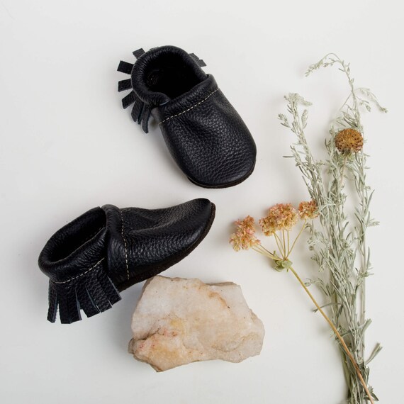 BASICS// Black Fringe Soft Soled Leather Moccasins Shoes Baby and