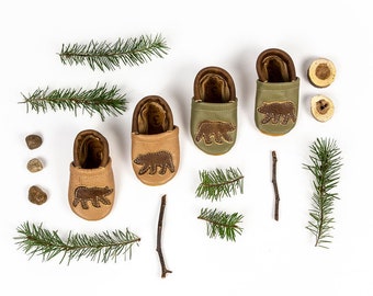 Bear on Oat & Lichen Leather Shoes  Baby and Toddler // Made in USA High-Quality Leather Moccasins Shoes