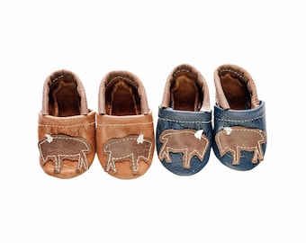Saddle & Navy Buffalo Bison Leather Shoes Moccs Baby and Toddler