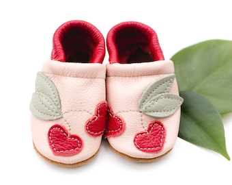 Cherries on pink Leather Shoes Moccs Baby and Toddler // Made in USA High-Quality Leather Moccasins Booties
