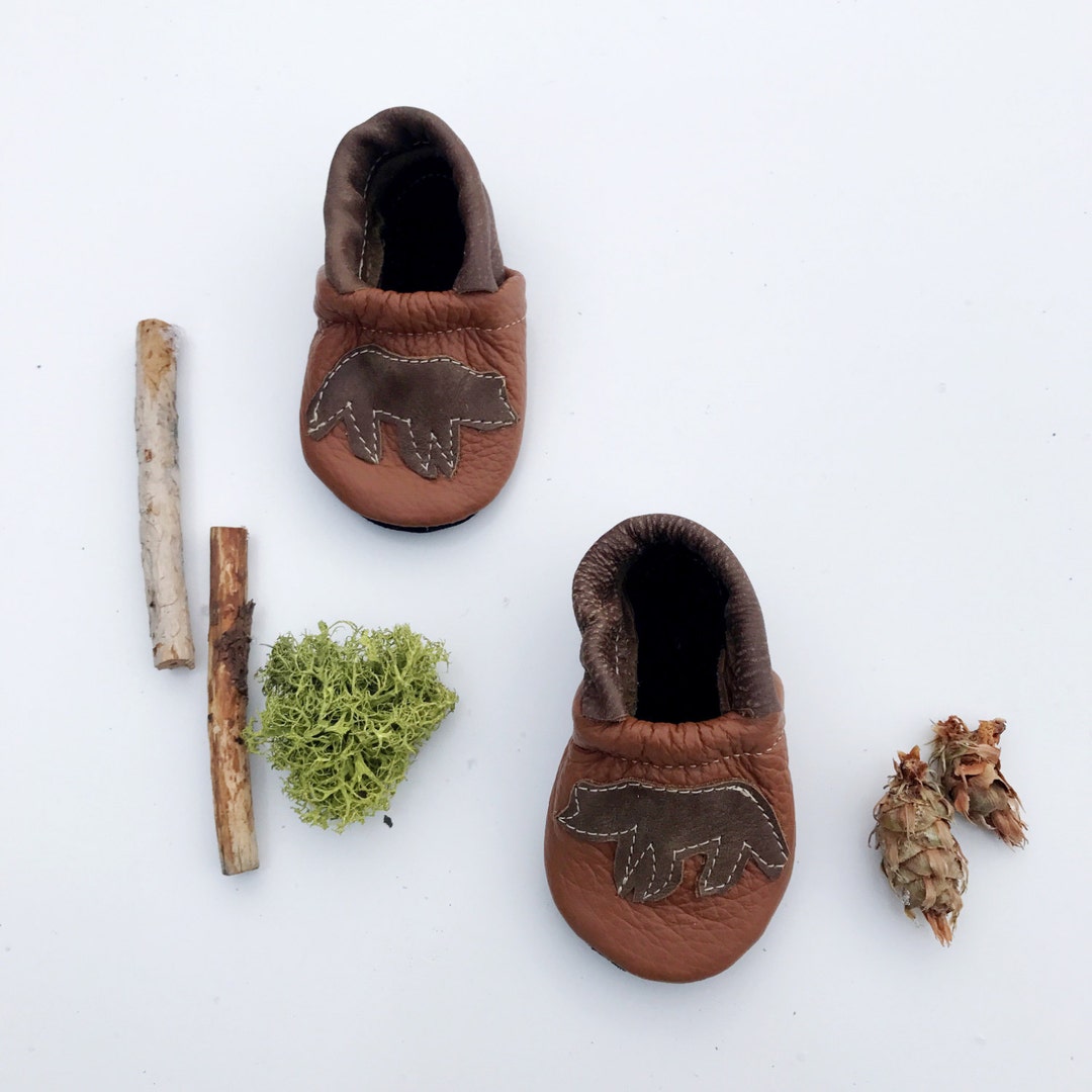 Grizzly Bear on Sienna Leather Shoes Moccs Baby and Toddler