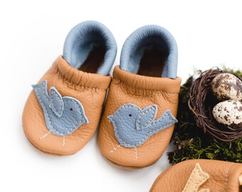 Blue Birdie Leather Shoes Moccs Baby and Toddler // Made in USA High-Quality Leather Moccasins Booties