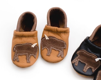 Tan Bison Leather Shoes Moccs Baby and Toddler // Made in USA High-Quality Leather Moccasins Booties