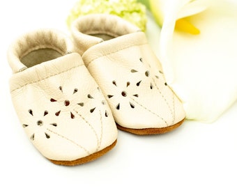 Cream BLOSSOMS Shoes Baby and Toddler // Made in USA High-Quality Leather Moccasins Booties