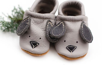 Doggies Gray // Cute Critters Leather Shoes Baby and Toddler Dogs Dog // Made in USA High-Quality Leather Moccasins Booties