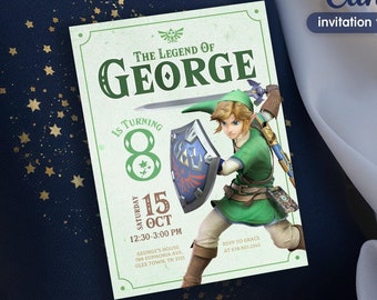 Invitación para jugadores de videojuegos, invitación de cumpleaños de Legend of Zelda, descarga digital, Zelda Tears Of The Kingdom, fiesta de cumpleaños, invitación de Game on