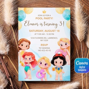 Verjaardagsuitnodiging Princess Pool, bewerkbare uitnodigingssjabloon meisje, afdrukbare kasteeluitnodiging, Once Upon A Time Royal Party