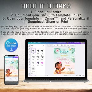 May include: A digital template displayed on a laptop and smartphone, showcasing a birthday party invitation. The invitation features a cartoon character, tropical flowers, and the text "The Ocean is Calling". Instructions on how to use the template are also included.