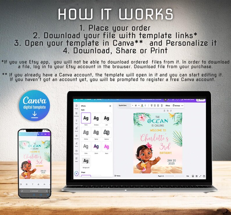 May include: A digital template displayed on a laptop and smartphone, showcasing a birthday party invitation. The invitation features a cartoon character, tropical flowers, and the text "The Ocean is Calling". Instructions on how to use the template are also included.