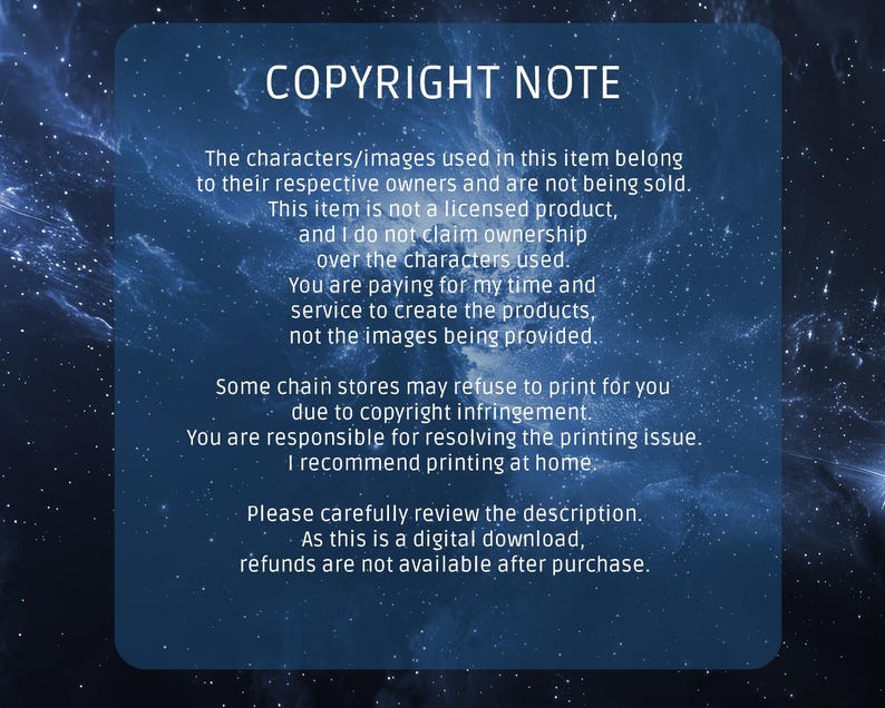 May include: A blue and white text box with a white background and blue text. The text reads "COPYRIGHT NOTE" and includes information about copyright and the use of images in the item.