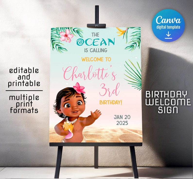 May include: A birthday welcome sign on a black easel. The sign features a cartoon illustration of a girl with a flower in her hair, the text "The Ocean is Calling", and "Welcome to Charlotte's 3rd Birthday!" with the date January 20, 2025.
