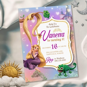 Verjaardagsuitnodiging prinses Rapunzel, bewerkbare uitnodigingssjabloon meisje, afdrukbare kasteeluitnodiging, er was eens koninklijk feest, Rapunсel