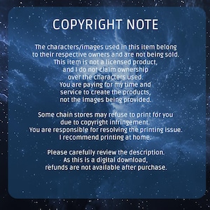 May include: A digital download notice against a dark blue background with a starry design. The text reads "COPYRIGHT NOTE" and explains the item's copyright status, digital nature, and refund policy. It advises reviewing the description.