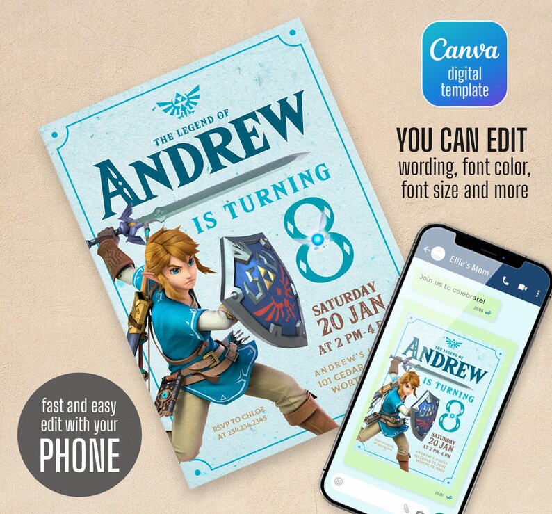 May include: A digital invitation for an 8th birthday party featuring a cartoon image of Link from the Legend of Zelda video game series. The invitation is blue and green with the text "The Legend of Andrew is turning 8" and includes the date and time of the party.