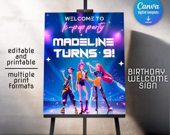 Kpop Demon Hunters Birthday welcome sign template, Editable K-pop Party poster, BTS Themed Digital Card, Demon Huntrix Birthday Party Decor
