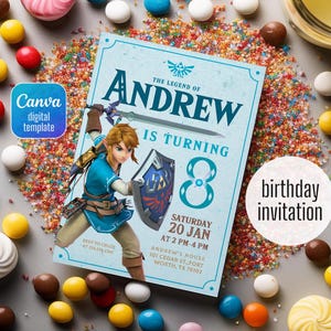 May include: A blue and green birthday invitation featuring a cartoon character from the video game The Legend of Zelda. The invitation says "The Legend of Andrew is turning 8" and includes details for the party, including the date, time, and location.