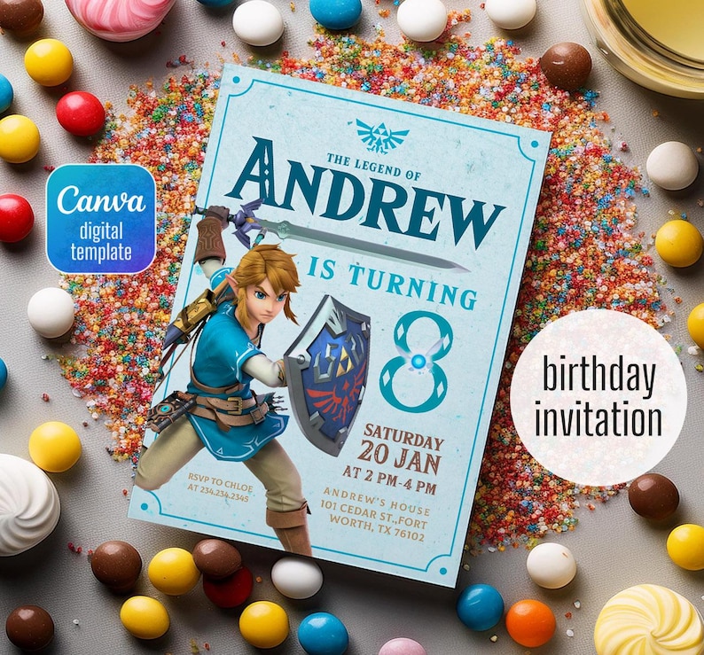 May include: A blue and green birthday invitation featuring a cartoon character from the video game The Legend of Zelda. The invitation says "The Legend of Andrew is turning 8" and includes details for the party, including the date, time, and location.