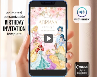 Princess girl birthday Video invitation, editable Animated Castle personalizable mobile invite, Once Upon A Time Royal Party