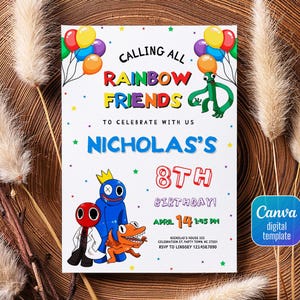Rainbow friends birthday party invitation template, rainbow gang birthday invitate, rainbow friends invite, printable editable evite