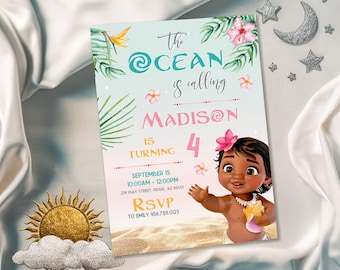 Puede incluir: Una invitación azul y verde con un tema tropical. El texto dice "The Ocean is Calling Madison is Turning 4". La invitación presenta una imagen de dibujos animados de Moana de la película de Disney Moana.