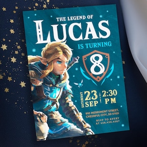 Videospieler einladen, Legend of Zelda Geburtstagseinladung, digitaler Download, Zelda Tears Of The Kingdom, Geburtstagsparty, Spiel auf Einladung