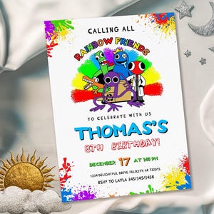 Rainbow friends birthday party invitation template, rainbow gang birthday invitate, rainbow friends invite, printable editable evite