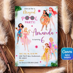 Verjaardagsuitnodiging Princess Pool, bewerkbare uitnodigingssjabloon meisje, afdrukbare kasteeluitnodiging, Once Upon A Time Royal Party