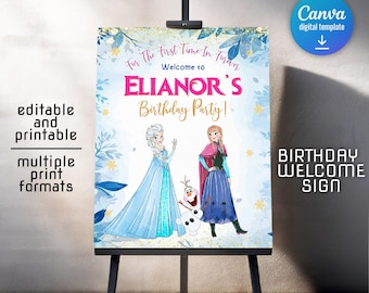 Princess Elsa welcome sign, Frozen Anna poster template, girl birthday, Printable Birthday sign, Frozen welcome sign, editable winter poster