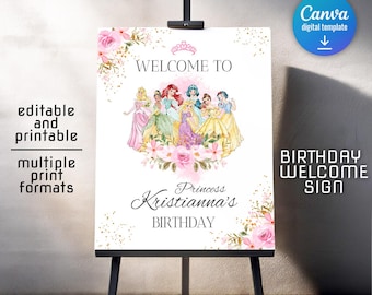 Princess Printable Welcome Sign template, Birthday once upon a time royal Party Welcome in Poster, little Girl birthday