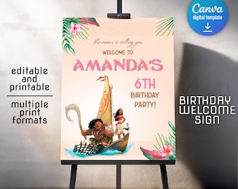 Moana welcome sign template, printable birthday party Hawaii Luau welcome in poster, girl birthday, Te Fiti b-day decoration template
