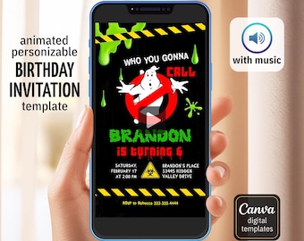 Ghostbusters birthday invitation, animated editable invite, Frozen Empire Party, Ectomobile, boy birthday, mobile video digital template