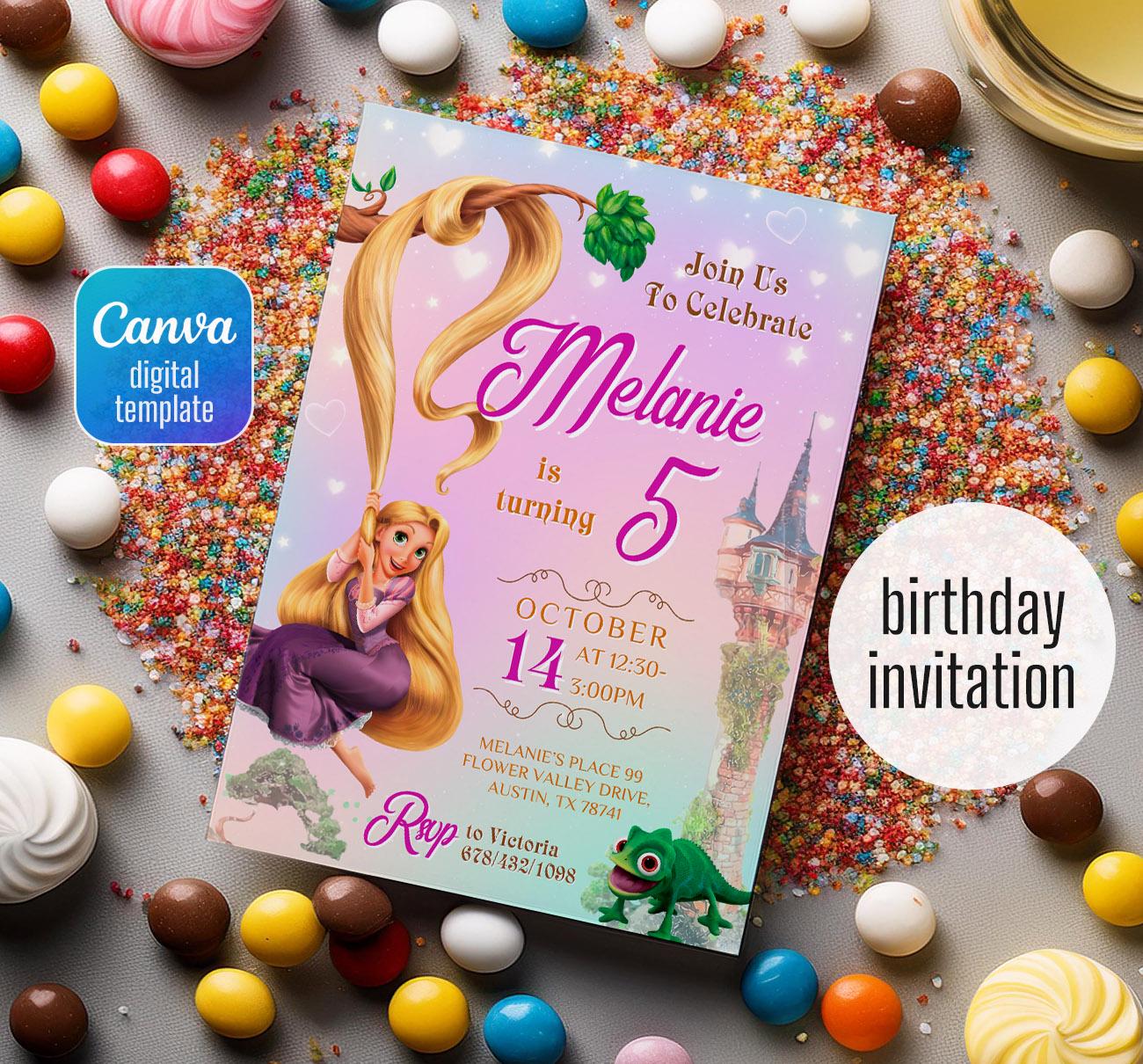Rupenzel Invitations Princess Rapunzel Birthday Invitation, Girl Editable Invite Template ...