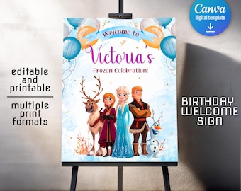 Princess Elsa welcome sign, Frozen Anna poster template, girl birthday, Printable Birthday sign, Frozen welcome sign, editable winter poster