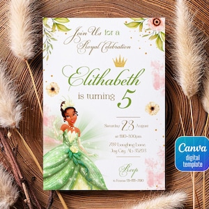 Convite de aniversário da princesa Tiana, modelo de convite editável para meninas, convite para impressão da princesa sapo, festa real, download instantâneo