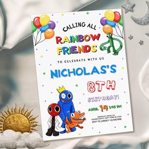 Rainbow friends birthday party invitation template, rainbow gang birthday invitate, rainbow friends invite, printable editable evite