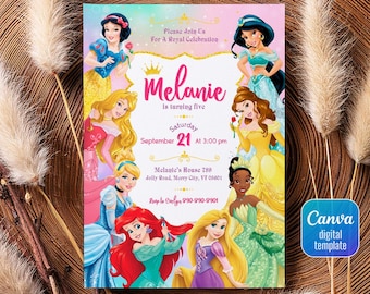 May include: A pink and purple invitation with a gold glitter border. It features a collage of Disney princesses, including Snow White, Belle, Cinderella, Ariel, Jasmine, and Rapunzel. The text reads "Please Join Us For A Royal Celebration Melanie is turning five Saturday September 21 At 3:00 pm Melanie's House 789 Jolly Road, Merry City, VT 05801 Roop to Evelyn 890-890-8901".
