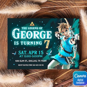 Videospieler einladen, Legend of Zelda Geburtstagseinladung, digitaler Download, Zelda Tears Of The Kingdom, Geburtstagsparty, Spiel auf Einladung