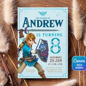 May include: A blue and white birthday invitation featuring a cartoon character from the Legend of Zelda video game series. The invitation says "The Legend of Andrew is turning 8" and includes the date and time of the party. RSVP information is included at the bottom of the invitation.