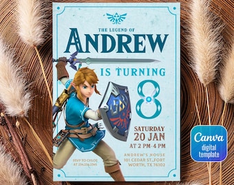 Invitación para videojugador, invitación de cumpleaños de Legend of Zelda, descarga digital, Zelda Tears of the Kingdom, fiesta de cumpleaños, invitación de Game on