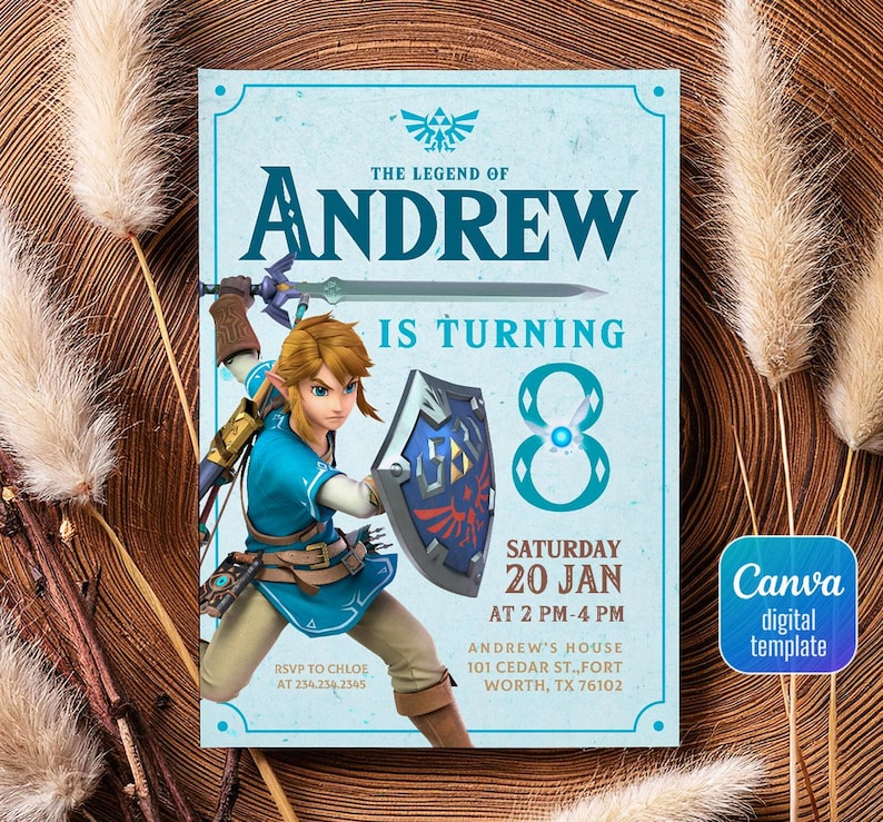 May include: A blue and white birthday invitation featuring a cartoon character from the Legend of Zelda video game series. The invitation says "The Legend of Andrew is turning 8" and includes the date and time of the party. RSVP information is included at the bottom of the invitation.