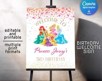 Princess Printable Welcome Sign template, Birthday once upon a time royal Party Welcome in Poster, little Girl birthday