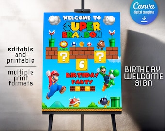 Mario printable welcome sign template, Super Birthday Party welcome in poster, Mario Bros boy birthday, Luigi Mario, birthday decoration