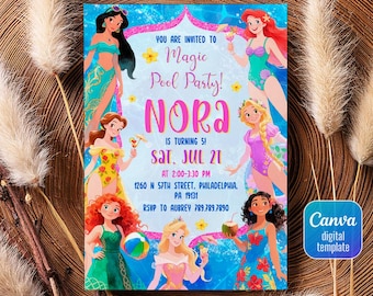 Princess Pool birthday invitation, girl editable invite template, printable Castle invitation, Once Upon A Time Royal Party