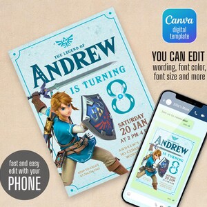 May include: A digital invitation for an 8th birthday party featuring a cartoon image of Link from the Legend of Zelda video game series. The invitation is blue and green with the text "The Legend of Andrew is turning 8" and includes the date and time of the party.