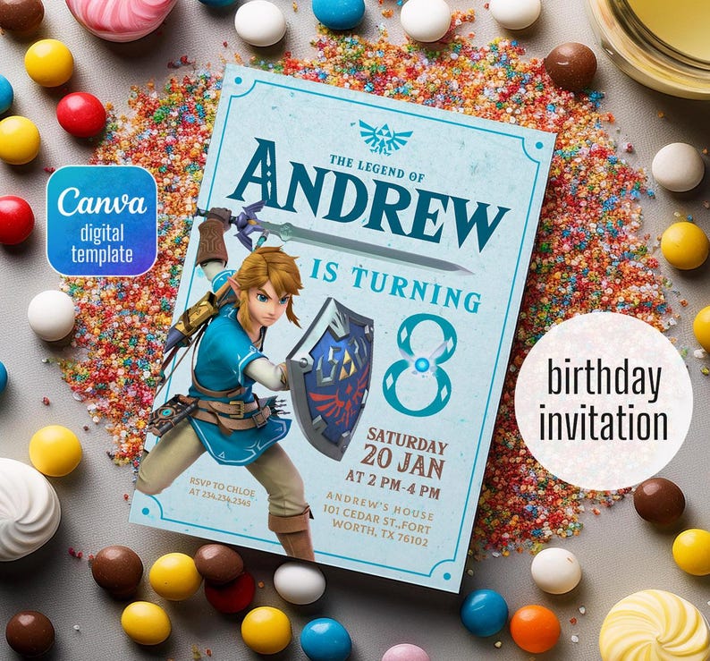 May include: A blue and green birthday invitation featuring a cartoon character from the video game The Legend of Zelda. The invitation says "The Legend of Andrew is turning 8" and includes details for the party, including the date, time, and location.