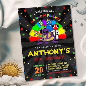 Rainbow friends birthday party invitation template, rainbow gang birthday invitate, rainbow friends invite, printable editable evite