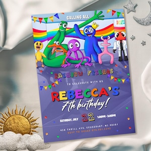Rainbow friends birthday party invitation template, rainbow gang birthday invitate, rainbow friends invite, printable editable evite
