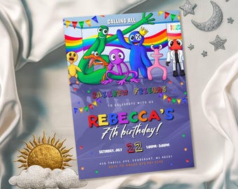 Rainbow friends birthday party invitation template, rainbow gang birthday invitate, rainbow friends invite, printable editable evite