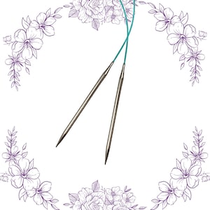 May include: A pair of silver knitting needles with turquoise tips. The needles are lying on a white background.